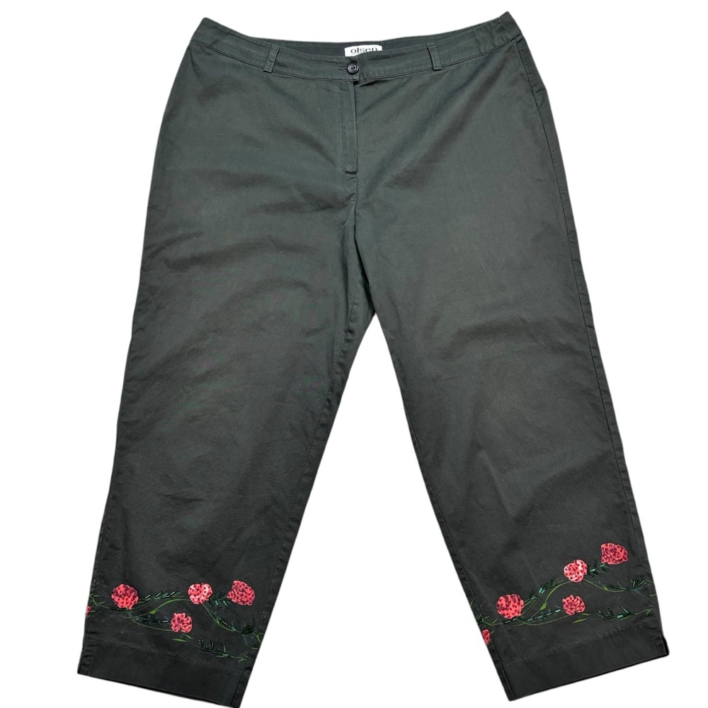 Olsen Dark Green & beaded floral cuff detail lightweight cotton crop pants 16